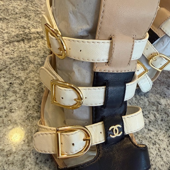 CHANEL Black and Cream Multi-Strap Heels